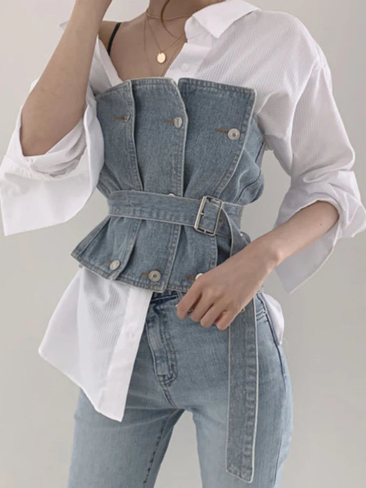 Solid Color Shirt + Sleeveless Belt Tube Denim Vest