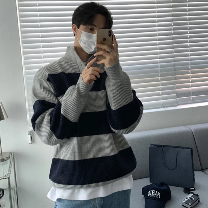 Stripe Contrast Color Stand Collar Sweater - INTOHYPEZONE