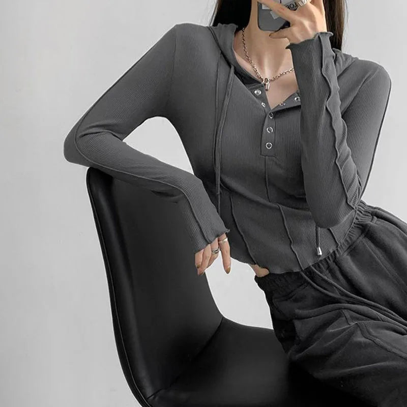 Hooded Button Up Cropped Top - INTOHYPEZONE