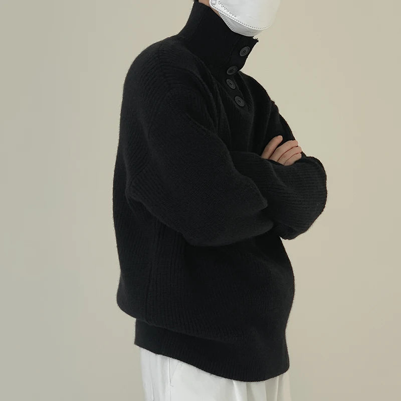 Button Turtleneck Pullover Sweater - INTOHYPEZONE