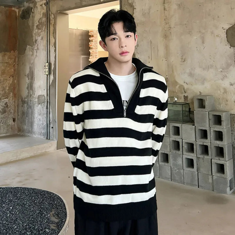 Lapel Sweater Half Zipper Loose Striped Pullover - INTOHYPEZONE