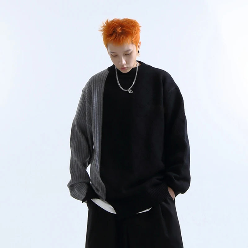 Contrast Color Spliced Round Neck Pullovers - INTOHYPEZONE