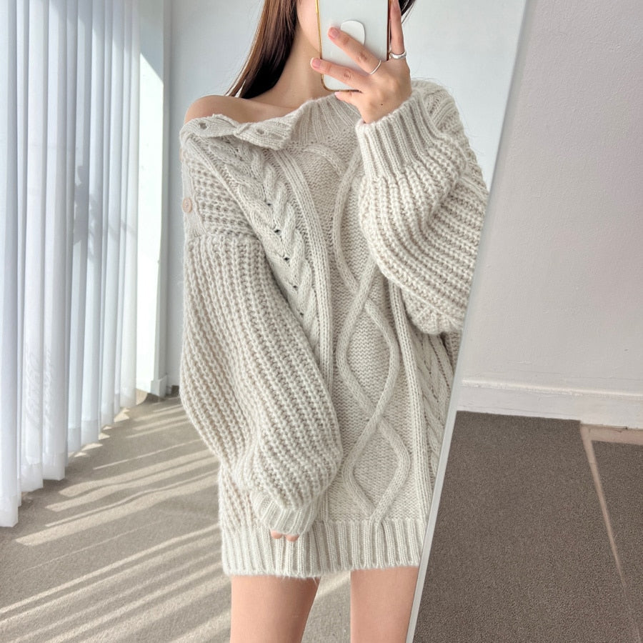 Slash Collar Knitted Pullover - INTOHYPEZONE