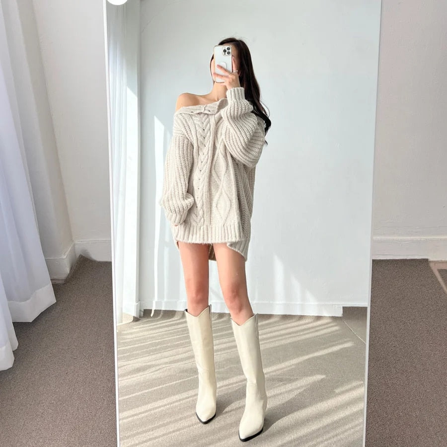 Slash Collar Knitted Pullover - INTOHYPEZONE