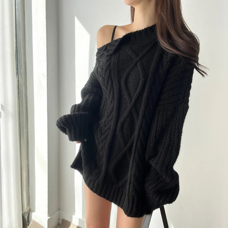 Slash Collar Knitted Pullover - INTOHYPEZONE