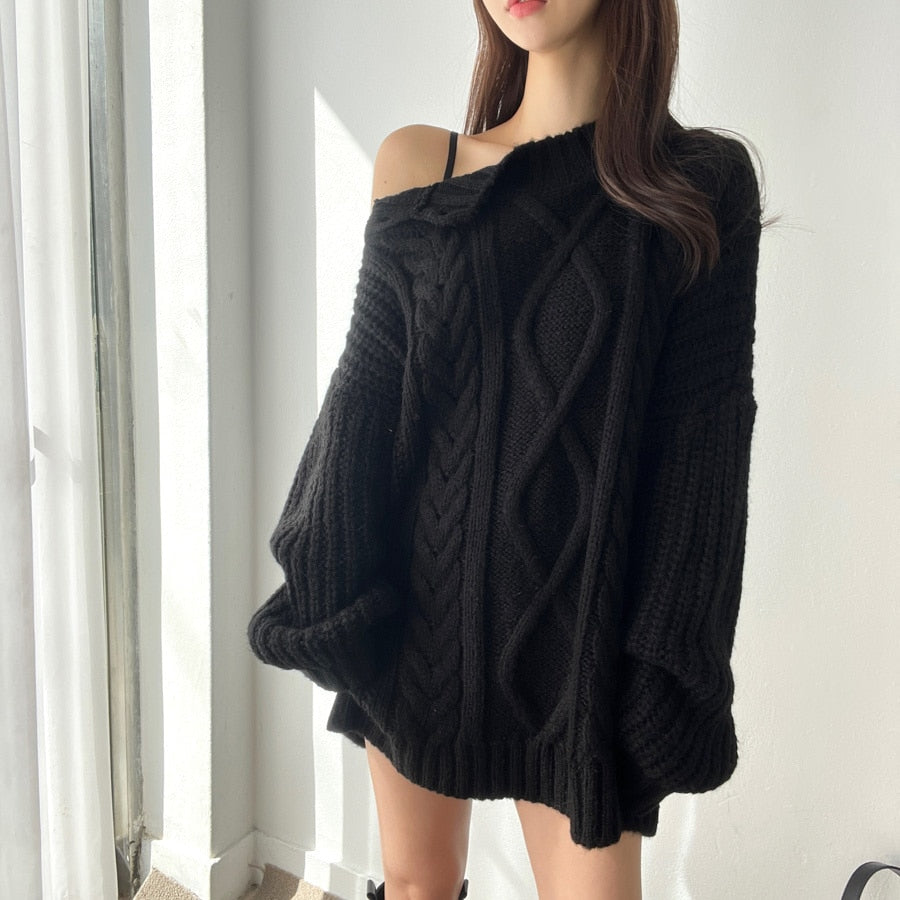 Slash Collar Knitted Pullover - INTOHYPEZONE