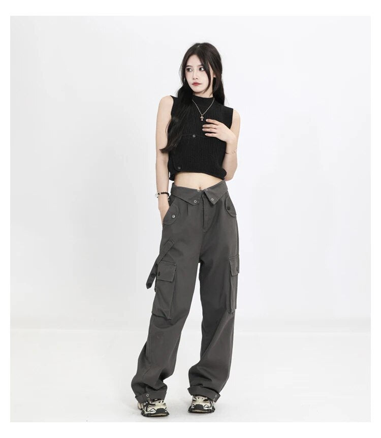 Solid Color Loose Retro Pockets Cargo Pants - INTOHYPEZONE