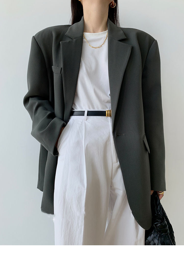 Solid Notched Collar Long Sleeve Loose Blazer - INTOHYPEZONE