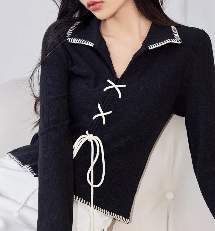 V-neck Lapel Knitwear Long Sleeve Tie Up Top - INTOHYPEZONE