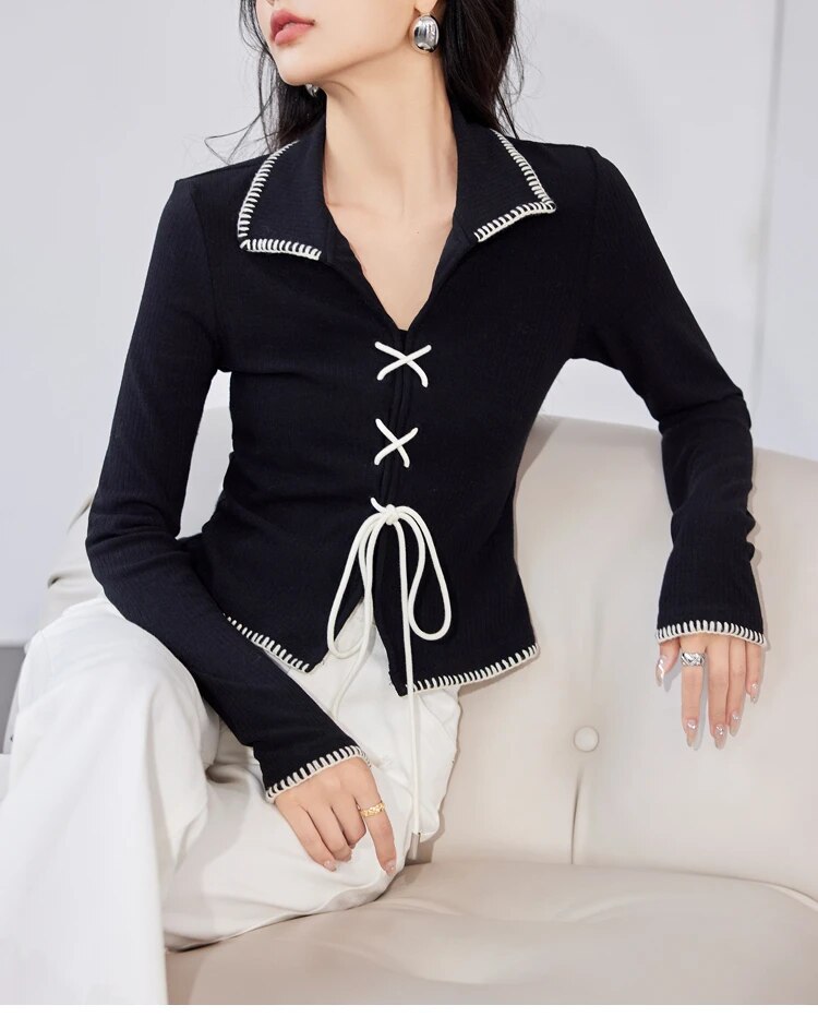 V-neck Lapel Knitwear Long Sleeve Tie Up Top - INTOHYPEZONE
