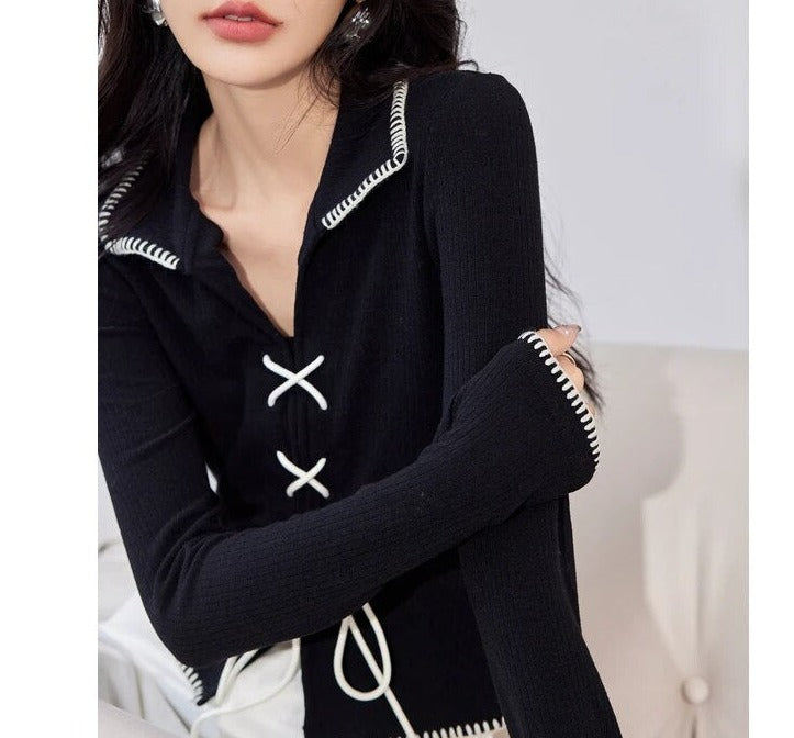 V-neck Lapel Knitwear Long Sleeve Tie Up Top - INTOHYPEZONE