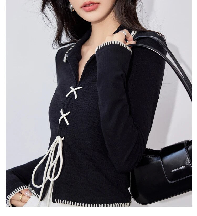 V-neck Lapel Knitwear Long Sleeve Tie Up Top - INTOHYPEZONE