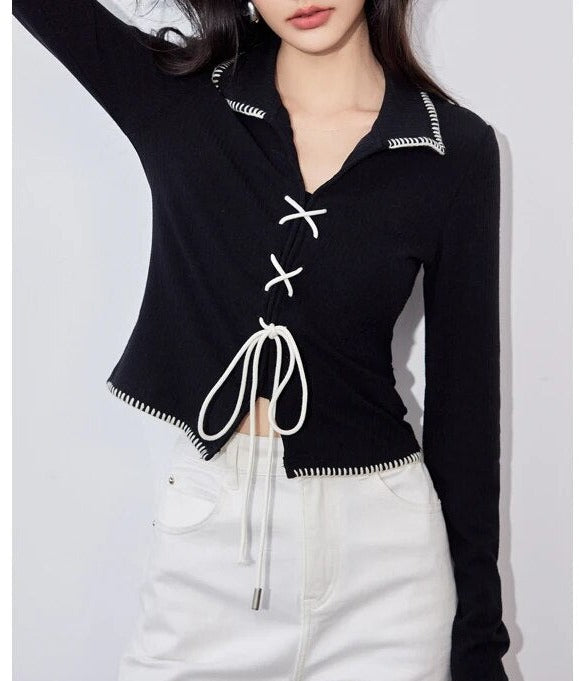 V-neck Lapel Knitwear Long Sleeve Tie Up Top - INTOHYPEZONE