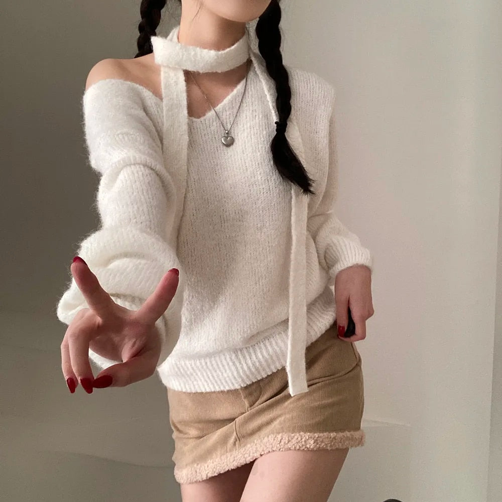 V Neck Off Shoulder Sweater - INTOHYPEZONE
