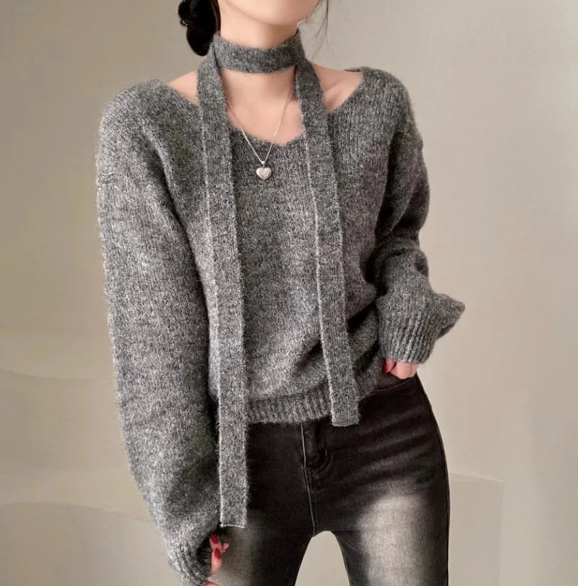V Neck Off Shoulder Sweater - INTOHYPEZONE