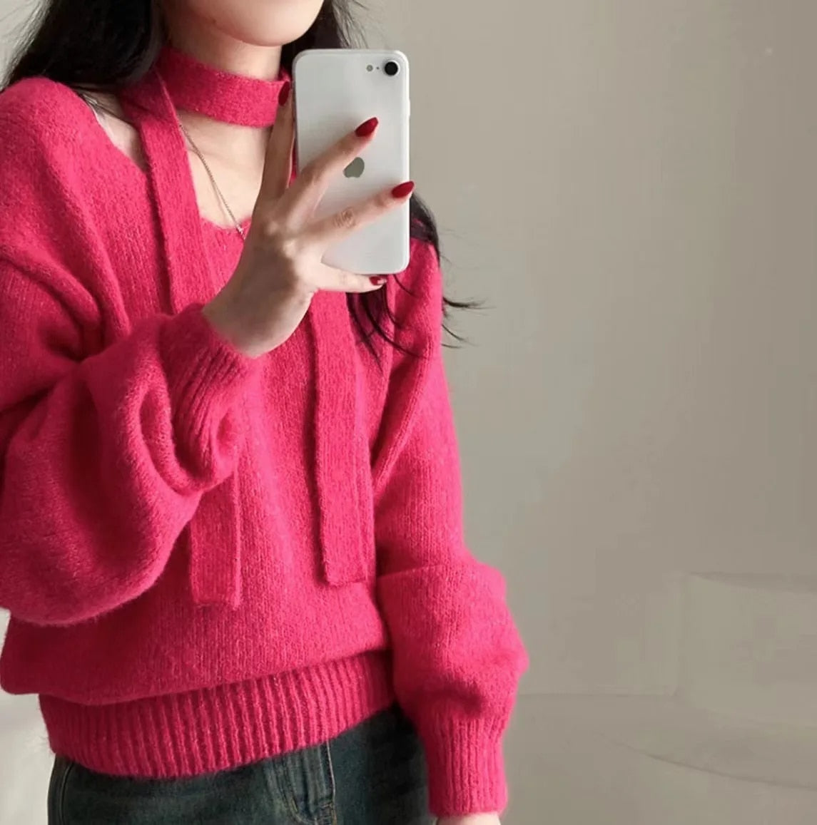 V Neck Off Shoulder Sweater - INTOHYPEZONE