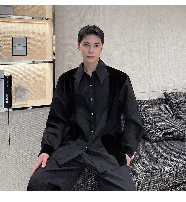 Velvet Patchwork Long Sleeve Shirt - INTOHYPEZONE