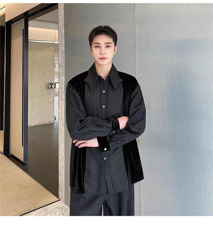Velvet Patchwork Long Sleeve Shirt - INTOHYPEZONE
