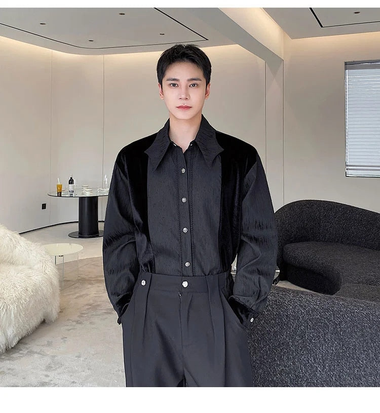 Velvet Patchwork Long Sleeve Shirt - INTOHYPEZONE