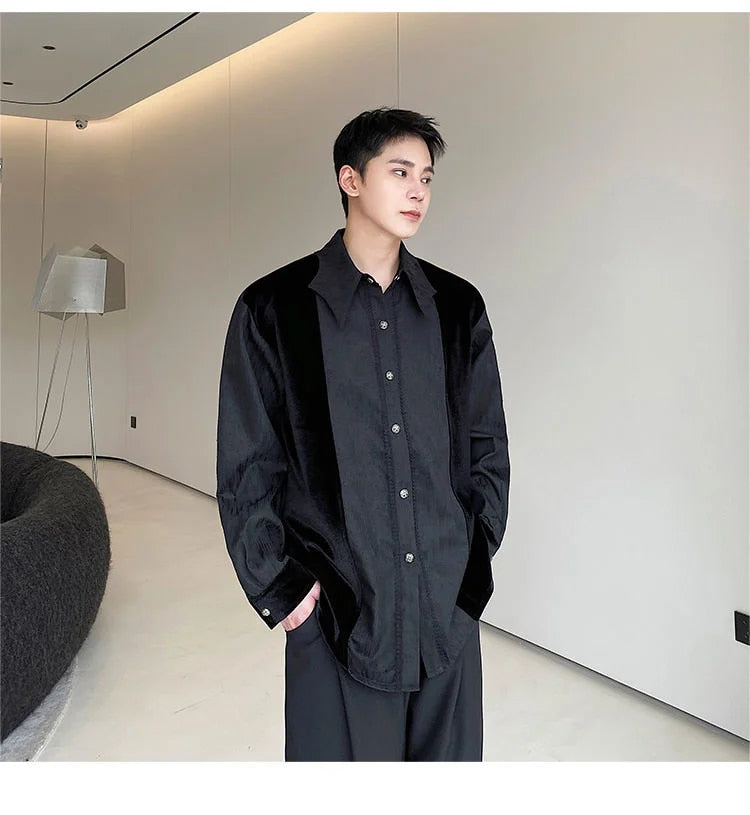 Velvet Patchwork Long Sleeve Shirt - INTOHYPEZONE