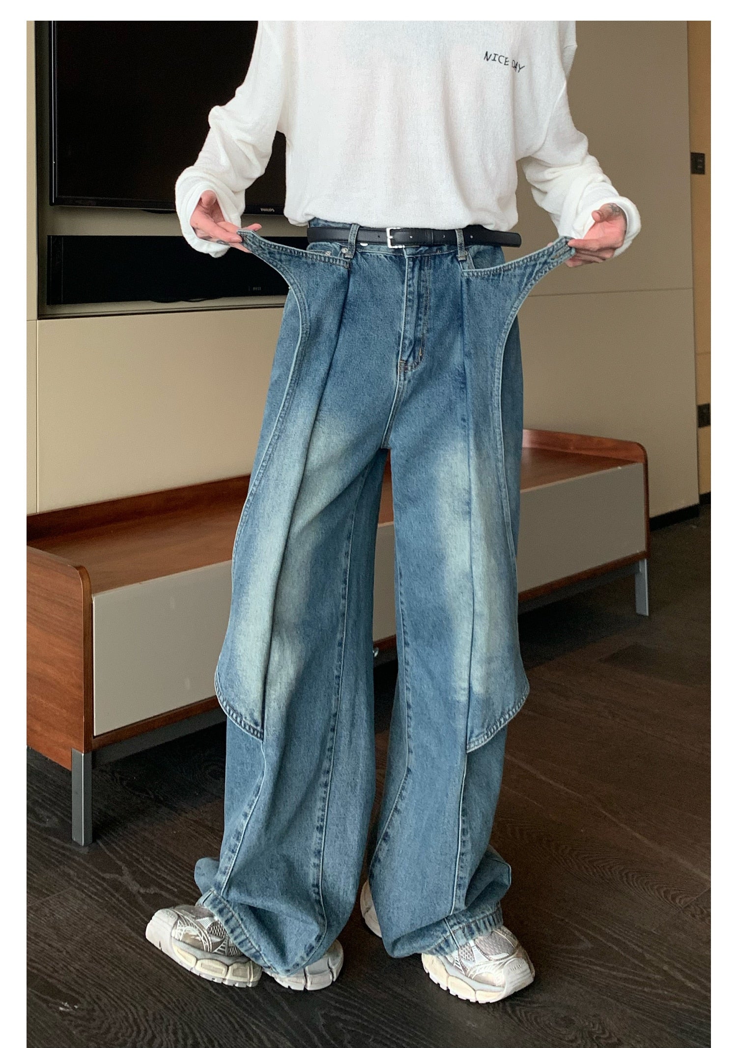 Washed Patchwork Wide Leg Denim Jeans - INTOHYPEZONE