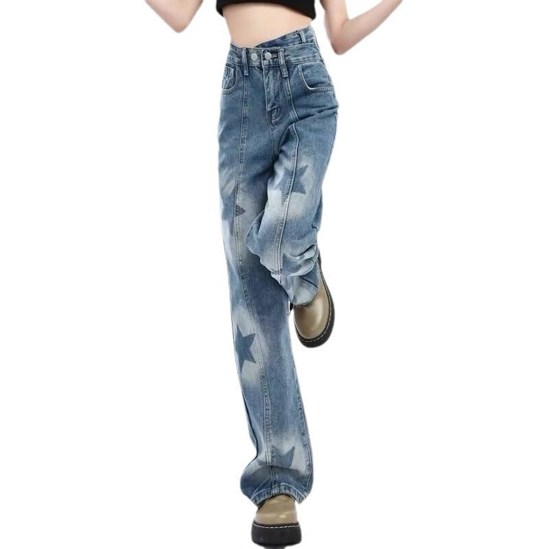 High Waist Star Print Denim Pants - INTOYPEZONE
