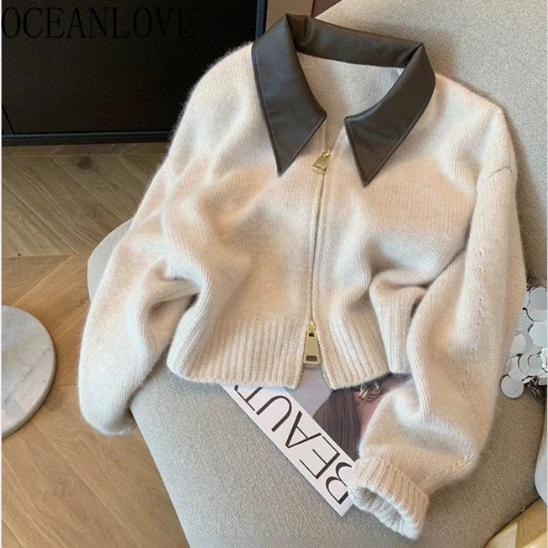 Simple Solid Lapel Zip-up Sweater - INTOHYPEZONE
