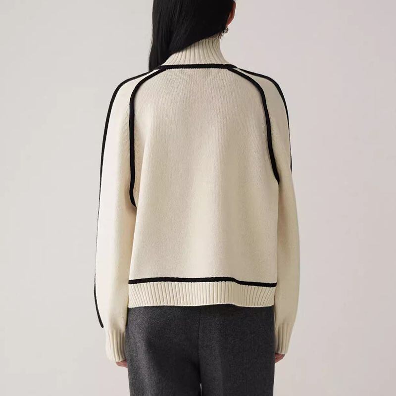 High Neck Contrast Line Knitted Sweater - INTOHYPEZONE