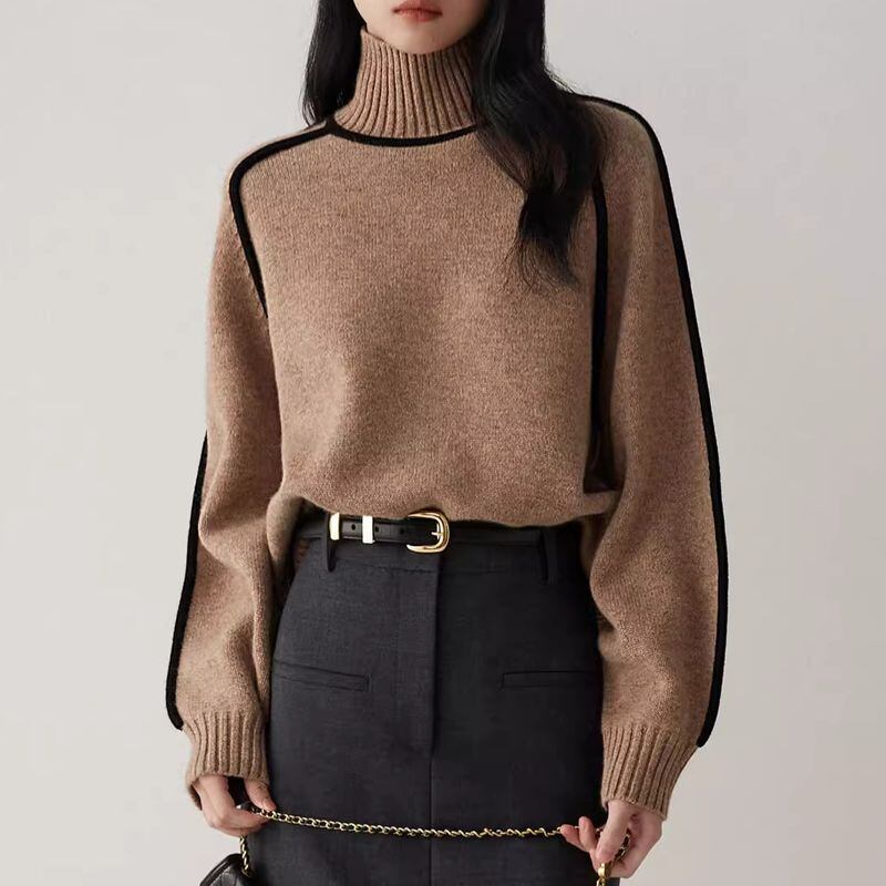 High Neck Contrast Line Knitted Sweater - INTOHYPEZONE