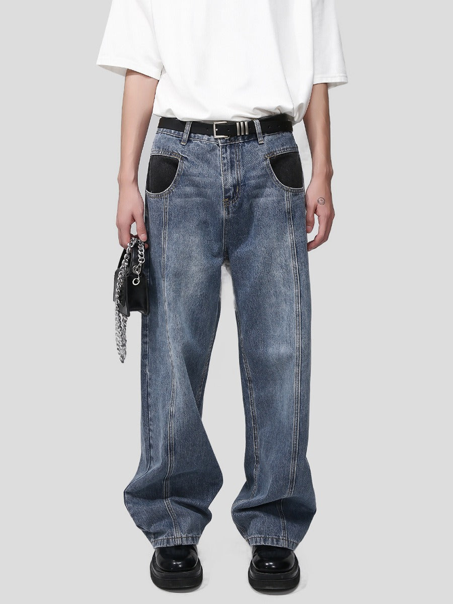 Back Pocket Spliced Vintage Straight Leg Denim Pants - INTOHYPEZONE