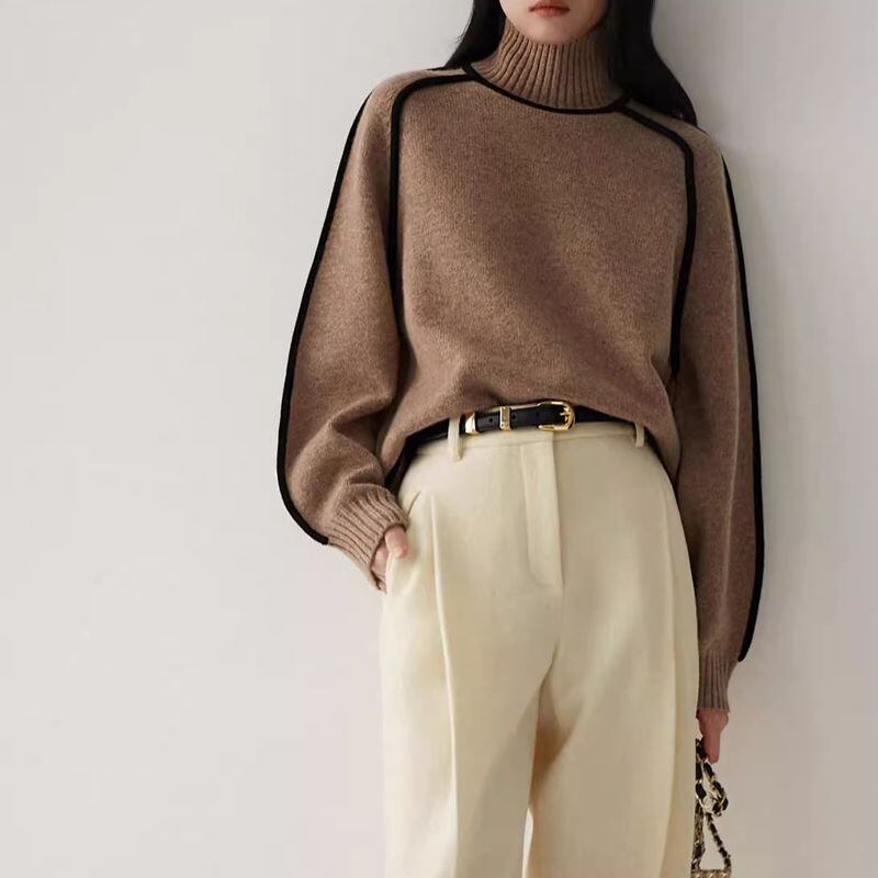 High Neck Contrast Line Knitted Sweater - INTOHYPEZONE