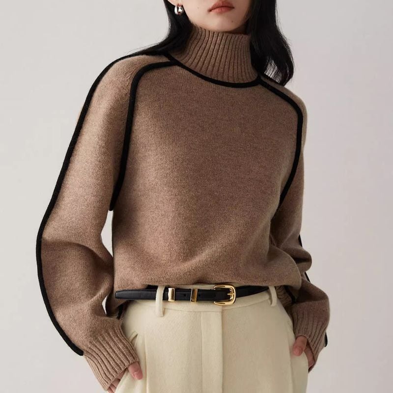 High Neck Contrast Line Knitted Sweater - INTOHYPEZONE
