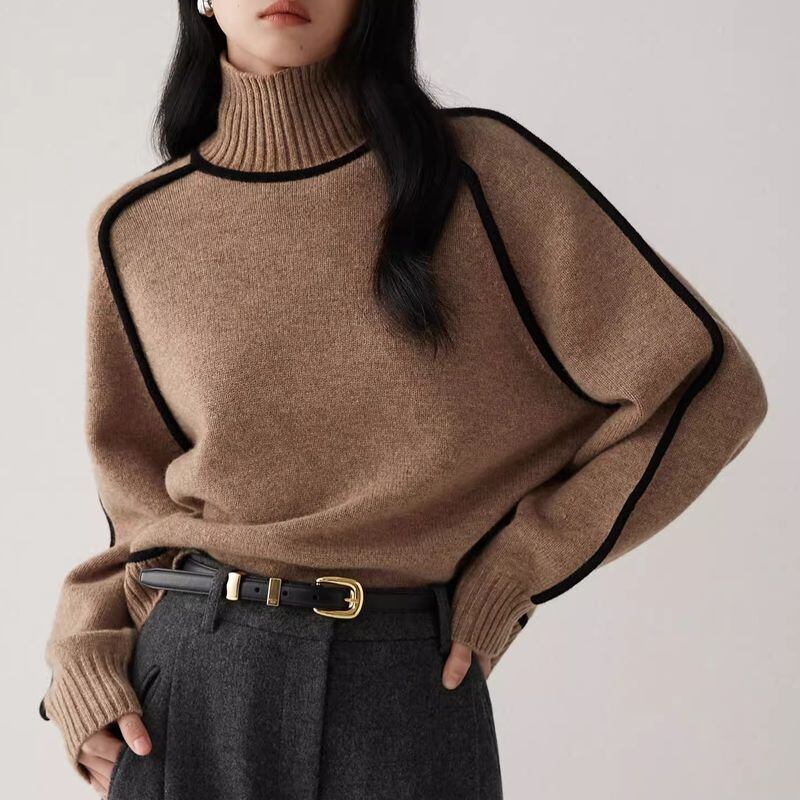 High Neck Contrast Line Knitted Sweater - INTOHYPEZONE
