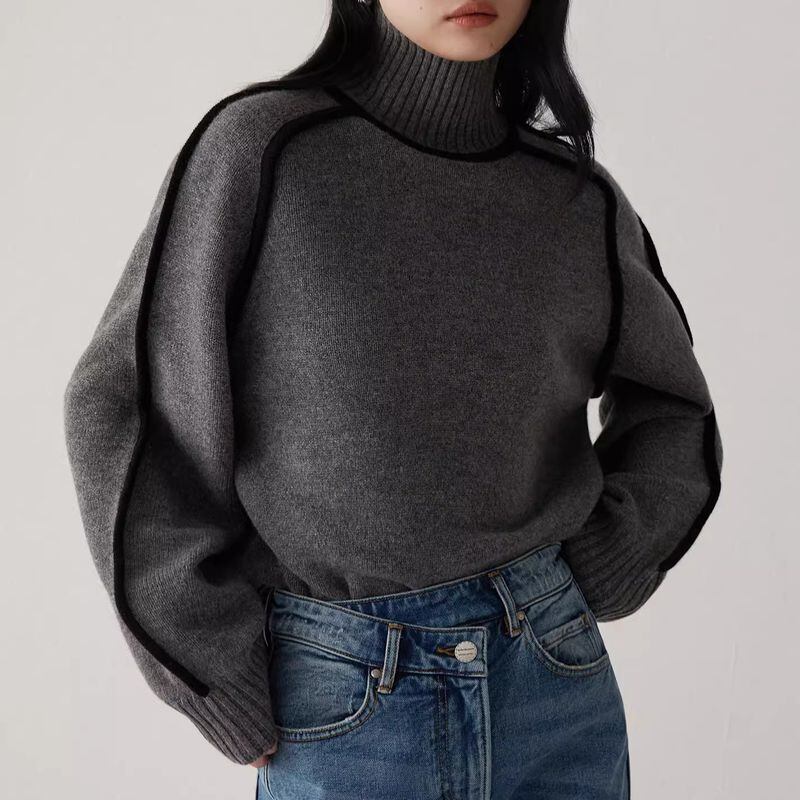 High Neck Contrast Line Knitted Sweater - INTOHYPEZONE