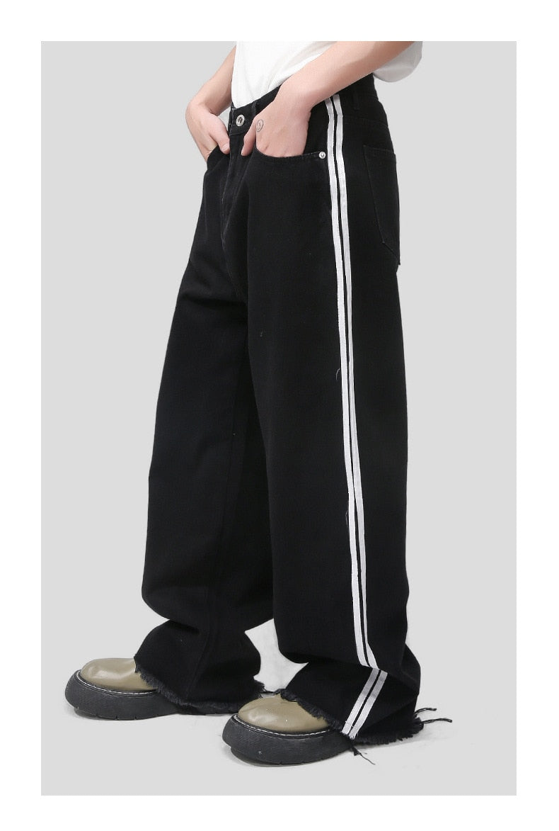 Black Striped Wide Leg Frayed Pants - INTOHYPEZONE