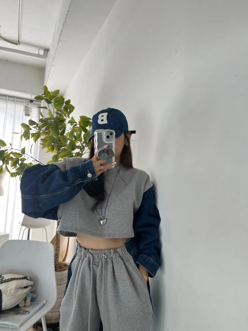 Long Sleeve Denim Patchwork Sweatshirts - INTOHYPEZONE