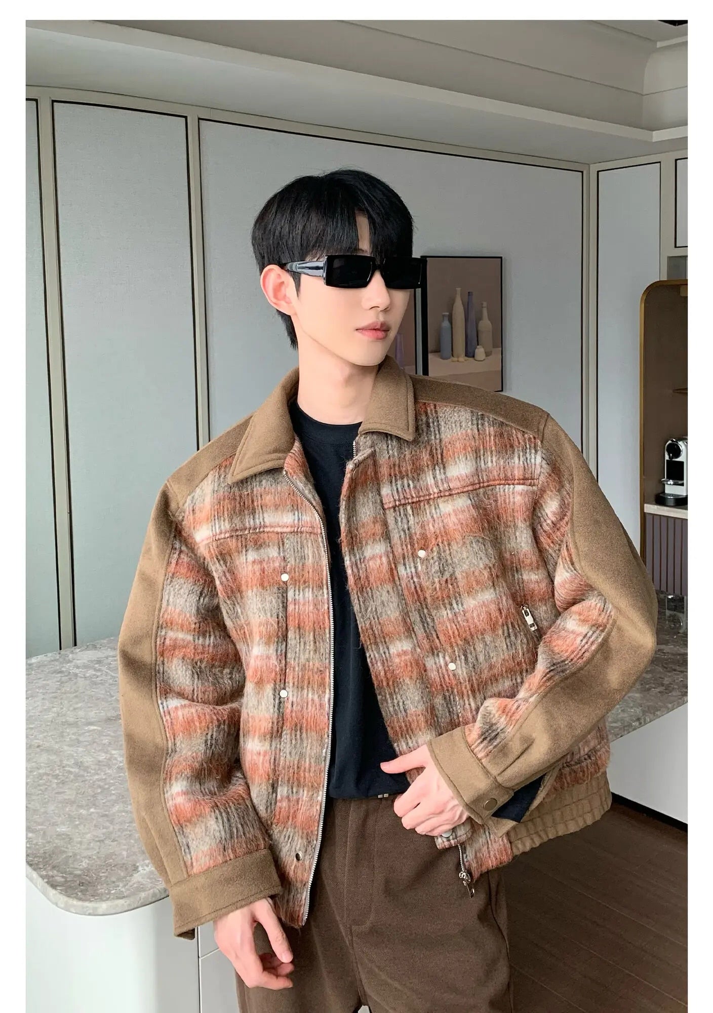 Plaid Woolen Lapel Patchwork Jacket - INTOHYPEZONE