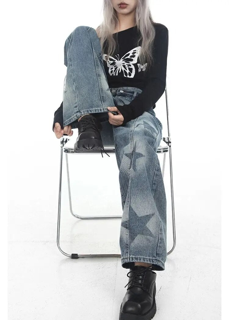 High Waist Star Print Denim Pants - INTOYPEZONE