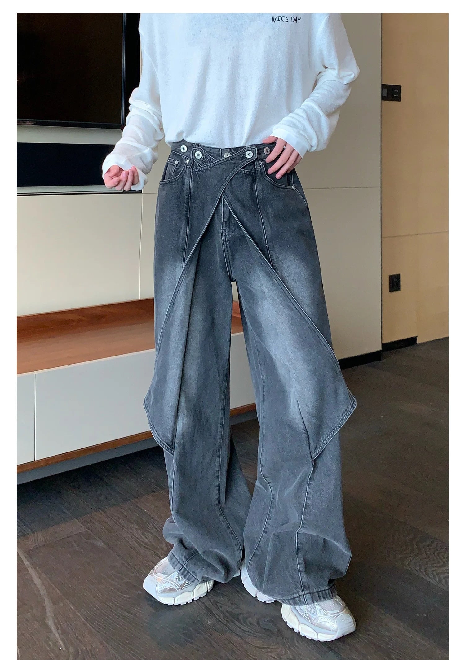 Washed Patchwork Wide Leg Denim Jeans - INTOHYPEZONE