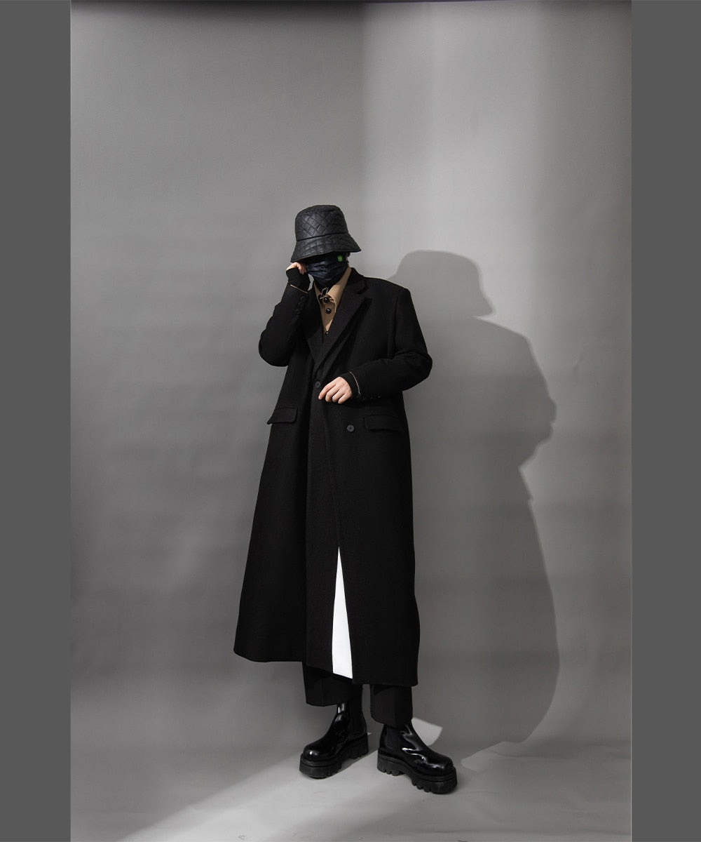 Fake Two Piece Spliced Design Felt Trench Coat - INTOHYPEZONE