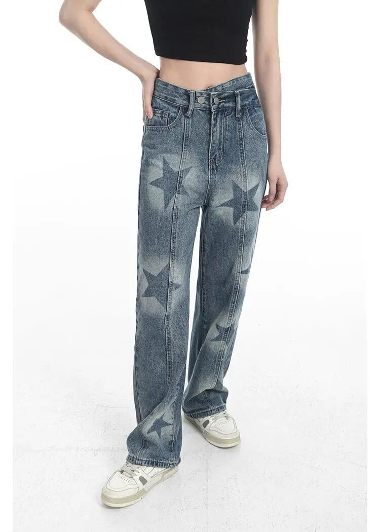 High Waist Star Print Denim Pants - INTOYPEZONE