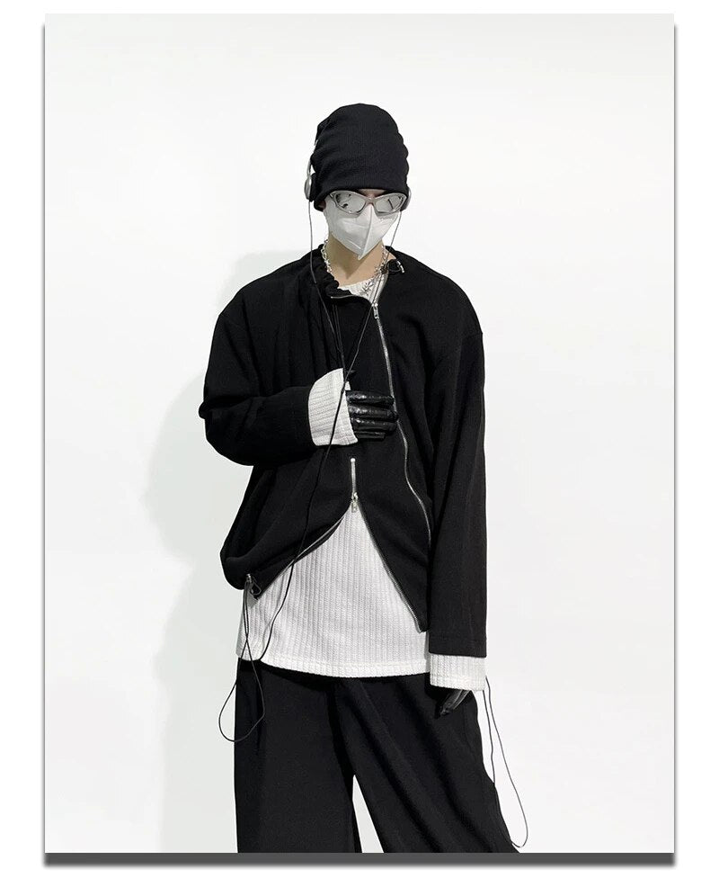 Crew Neck Plain Zip Slit Drawstring Sweatshirt - INTOHYPEZONE