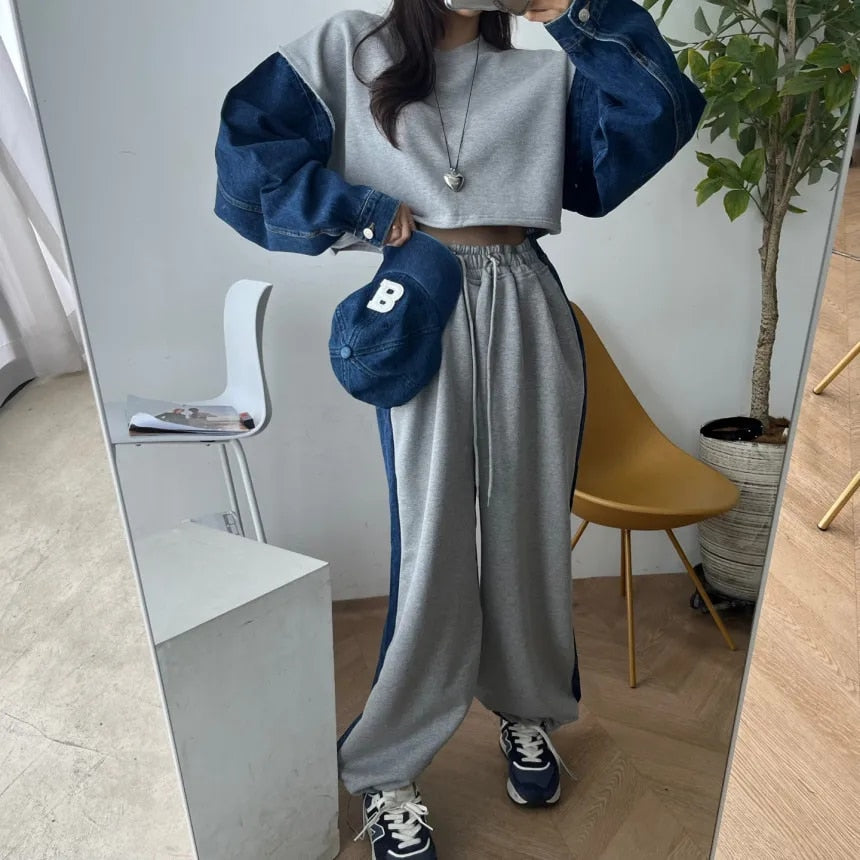 Long Sleeve Denim Patchwork Sweatshirts - INTOHYPEZONE