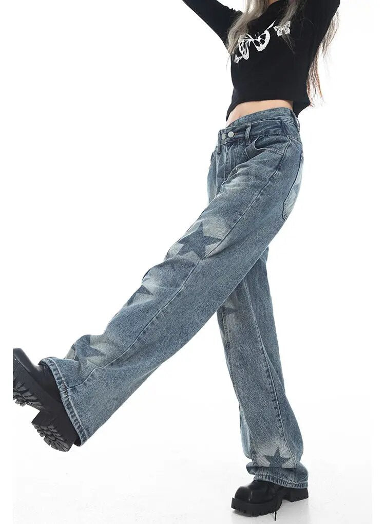 High Waist Star Print Denim Pants - INTOYPEZONE