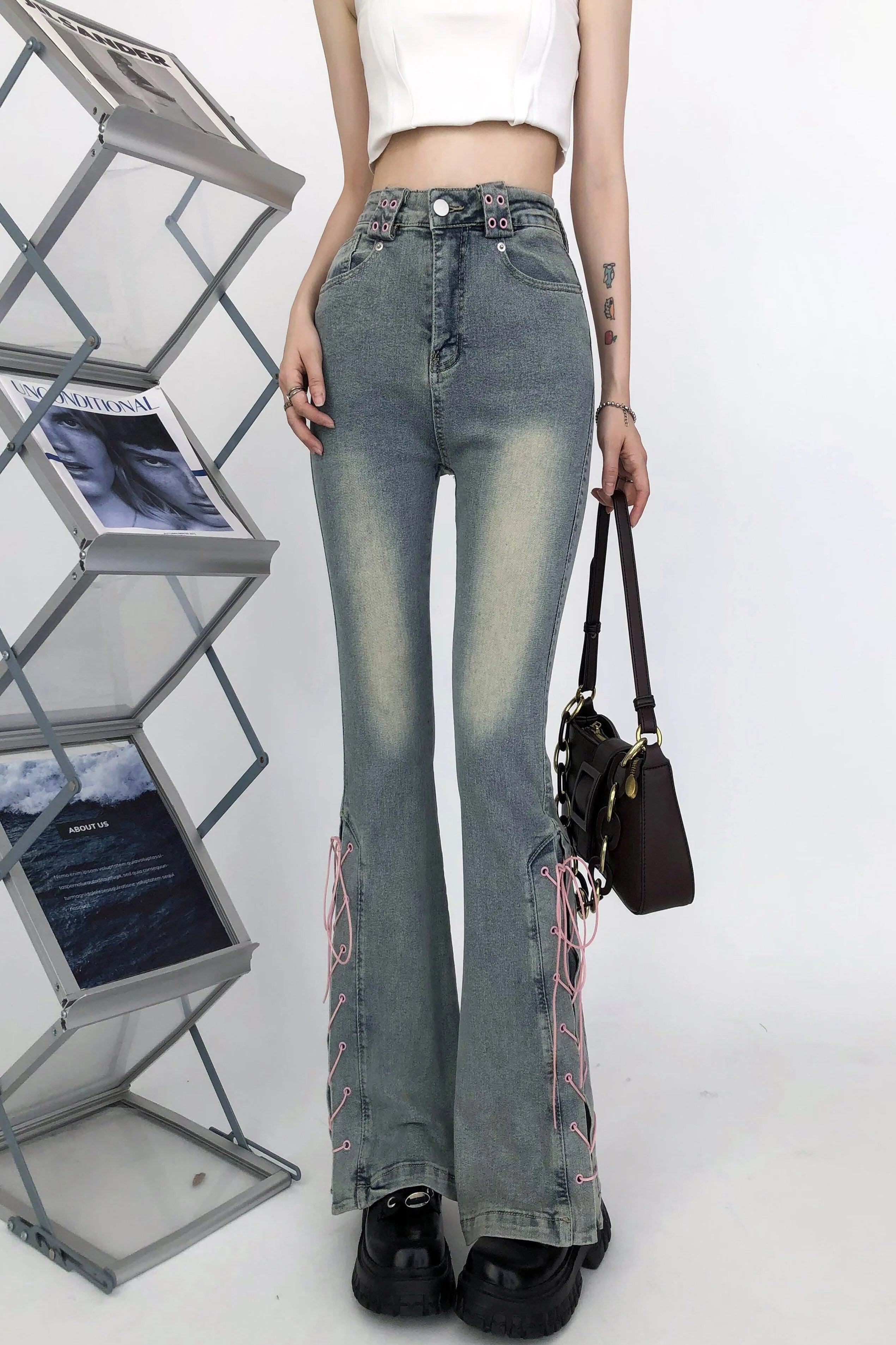 Lace-up High Waist Slim Fit Jeans Pants - INTOHYPEZONE