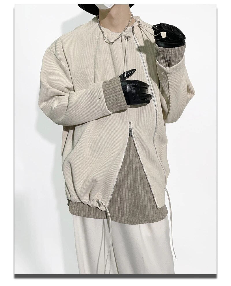 Crew Neck Plain Zip Slit Drawstring Sweatshirt - INTOHYPEZONE