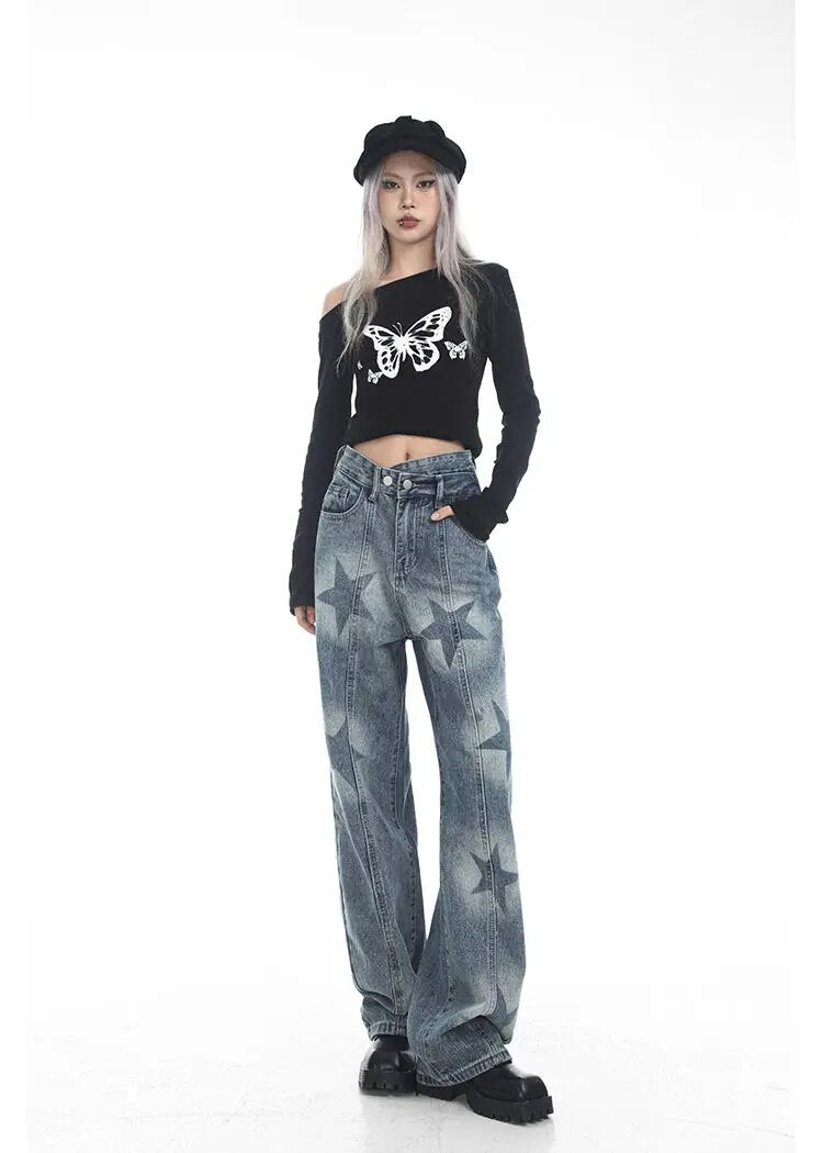 High Waist Star Print Denim Pants - INTOYPEZONE