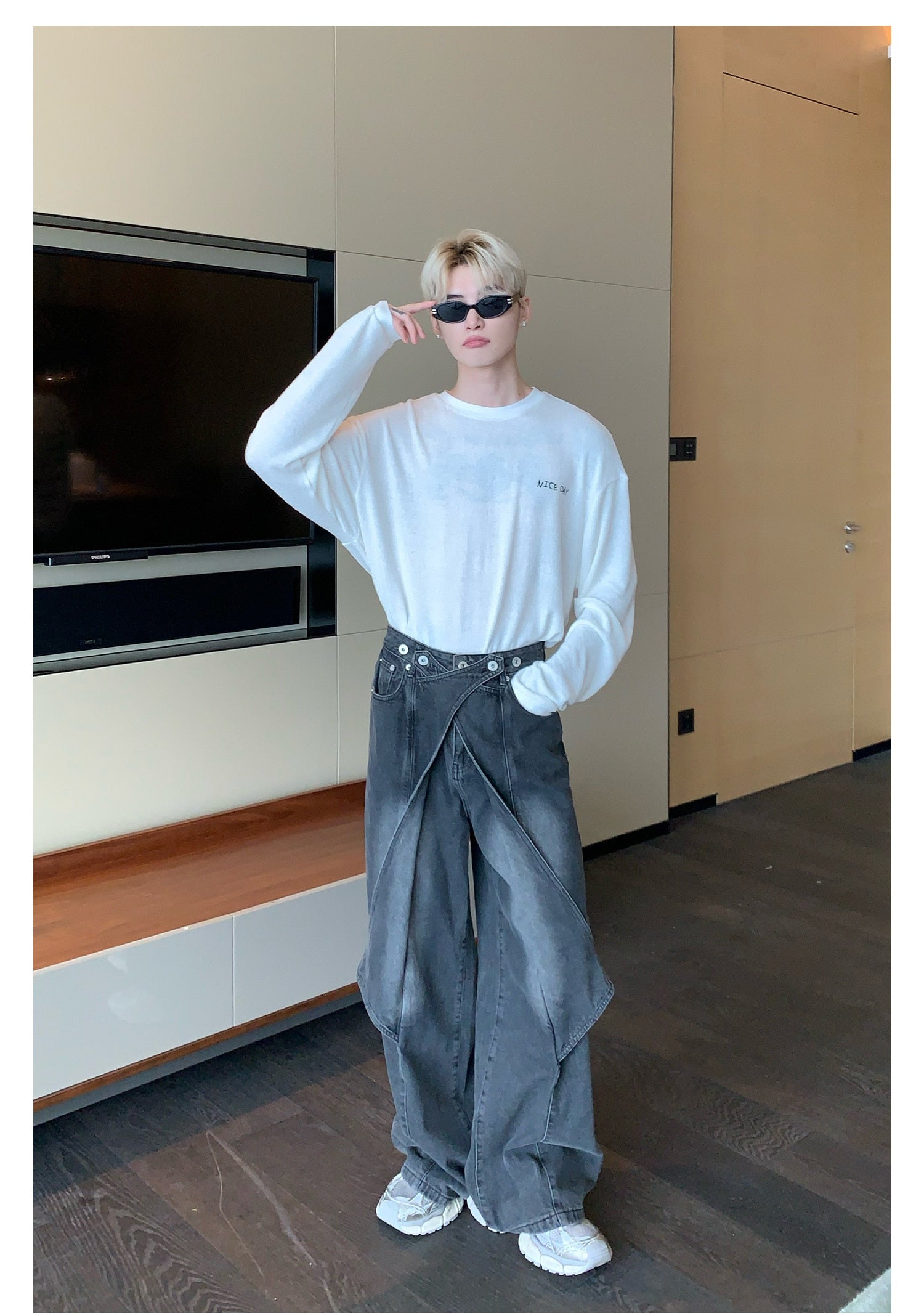 Washed Patchwork Wide Leg Denim Jeans - INTOHYPEZONE