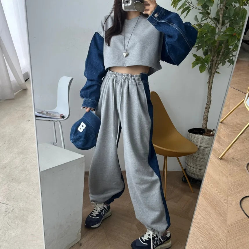 Long Sleeve Denim Patchwork Sweatshirts - INTOHYPEZONE