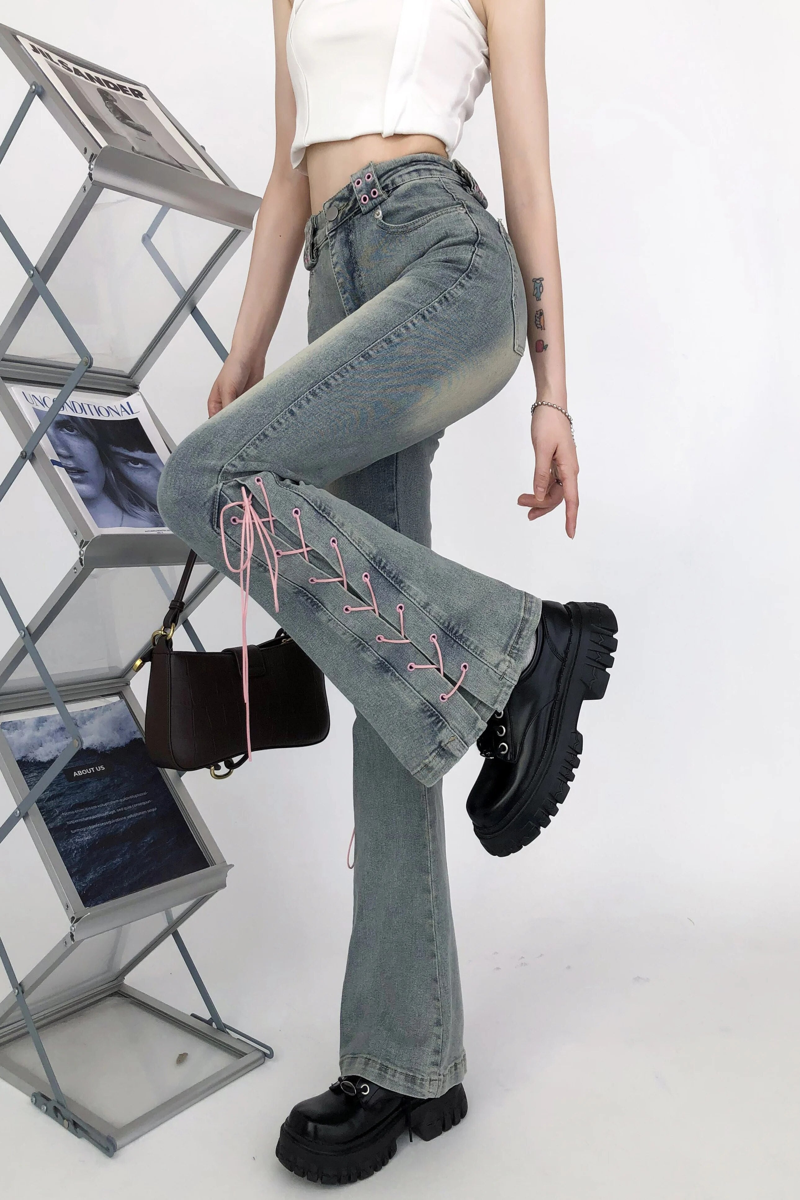 Lace-up High Waist Slim Fit Jeans Pants - INTOHYPEZONE